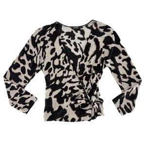 Nic+Zoe Leopard Print Linen Blend Faux Wrap Blouse Slv Sz Sm Preppy Boho Lightwt